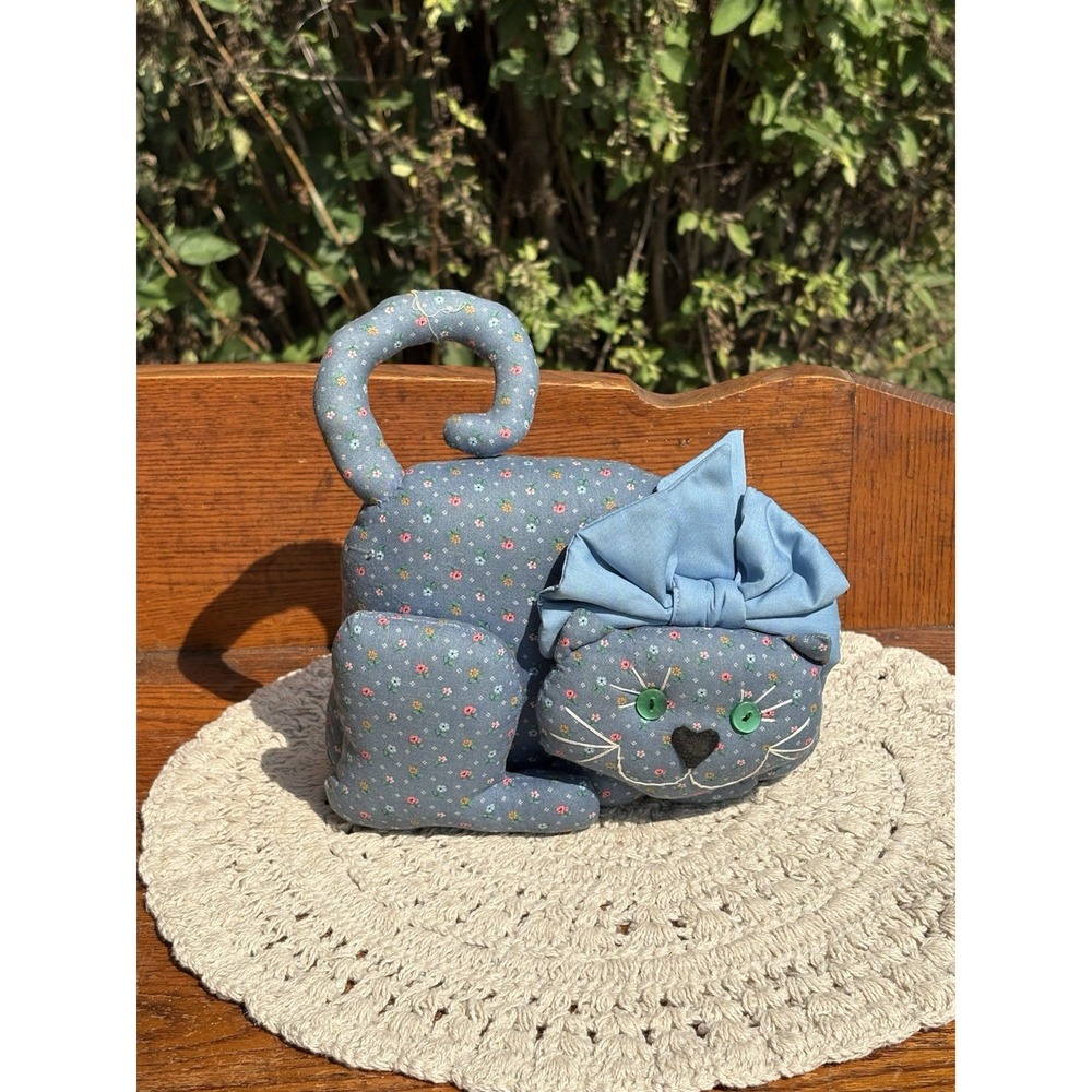 Vintage Handmade Blue Floral Fabric Cat Figure Pillow Cushion 8" Tall Folk Art